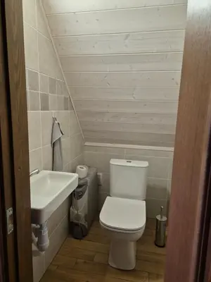a small bathroom with a toilet and a sink at Namas Zarasuose su vyno rūsiu in Zarasai