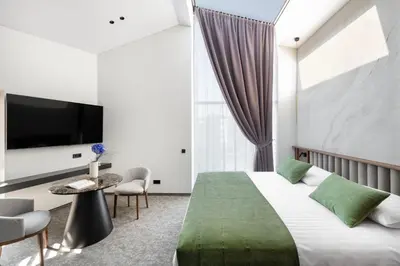 a hotel room with a bed and a tv at Harmony Birštonas in Birštonas
