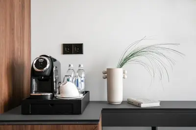 a table with a coffee maker and a plant on it at Harmony Birštonas in Birštonas