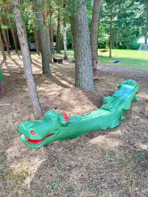 a green dog statue in a park next to a tree at Našio kempingas in Antanaše