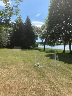 a soccer ball in a field with a goal at Našio kempingas in Antanaše