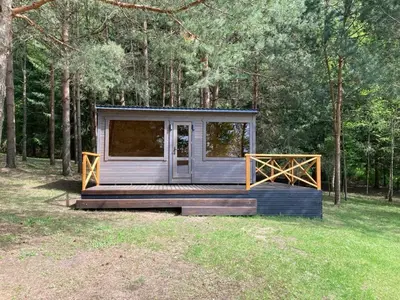 a small cabin in the middle of a forest at Našio kempingas in Antanaše