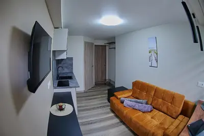 a living room with a couch and a television at COZY VISIT, Studio4 with balcony, 24h Self Chek-in, on the first floor in Kaunas