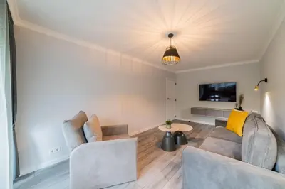 a living room with two couches and a tv at Grey Apartments in Šiauliai