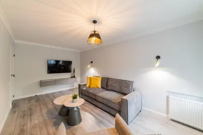 a living room with a couch and a table at Grey Apartments in Šiauliai