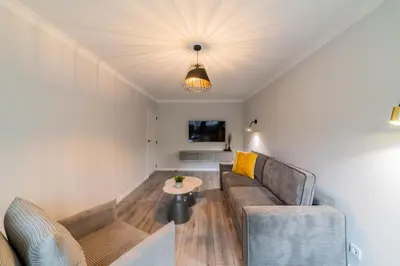 a living room with a couch and a table at Grey Apartments in Šiauliai