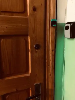 a wooden door with a door knob and a green wall at COZY Apartment in the SUN CITY in Šiauliai