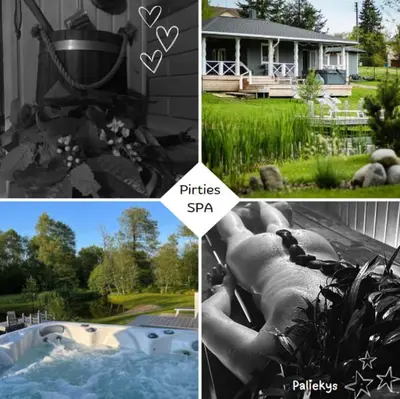 a collage of pictures of a person laying in a swimming pool at Žalčio guolis in Lekėčiai