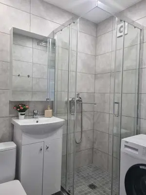 a bathroom with a shower and a toilet and a sink at TILZES 24 APARTMENTS - self check in in Šiauliai