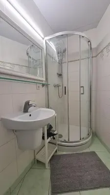 a bathroom with a sink and a shower at Rehouse, Vilniaus 45 in Vilnius