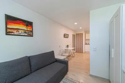 a living room with a couch and a table at Partizanų studio apartment #1 by Polo Apartments in Kaunas