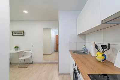 a kitchen with a sink and a counter top at Partizanų studio apartment #1 by Polo Apartments in Kaunas