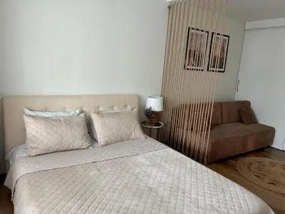 a bedroom with a bed and a couch at Liepų Apartamentai in Molėtai