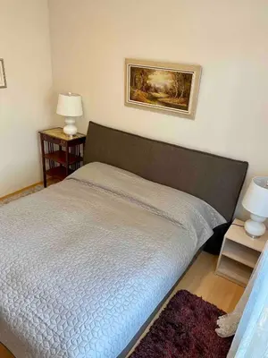a bed in a bedroom with two night stands and two lamps at Central Family Apt 70 m2 with free Parking & Private Entrance in Druskininkai
