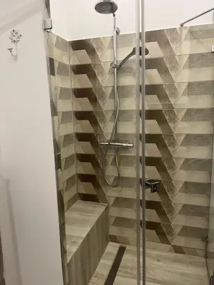 a shower in a bathroom with a staircase at Central Family Apt 70 m2 with free Parking & Private Entrance in Druskininkai