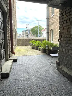 a courtyard with potted plants in a brick building at Green Bridge Studio in Vilnius