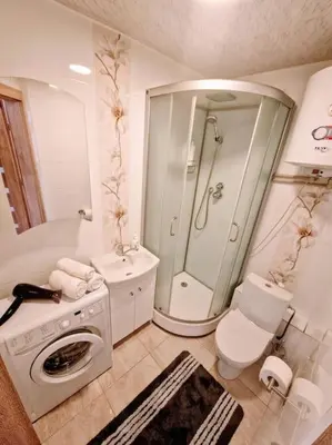 a bathroom with a shower toilet and a washing machine at Butas šalia parko in Radviliškis