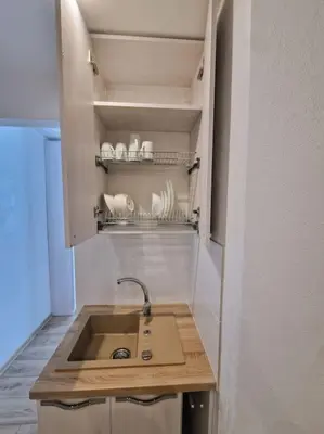 a kitchen with a sink and a shelf with dishes at Butas šalia parko in Radviliškis
