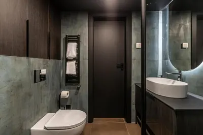 a bathroom with a toilet and a sink and a mirror at Paupys lofts in Vilnius