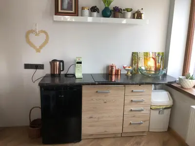 a kitchen with a black counter and a black dishwasher at Boutique Studija Žibutė in Panevėžys