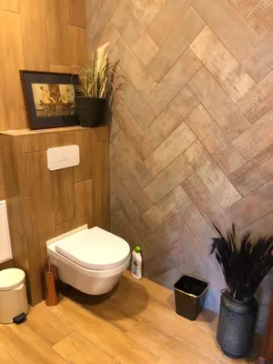 a bathroom with a toilet and a wooden wall at Boutique Studija Žibutė in Panevėžys