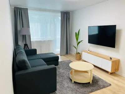 a living room with a couch and a tv at LilHouse Apartment in Siauliai Center in Šiauliai