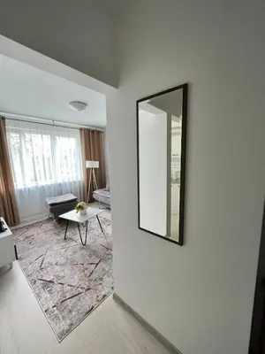 a mirror on a wall in a living room at Radvilų apartamentai in Radviliškis