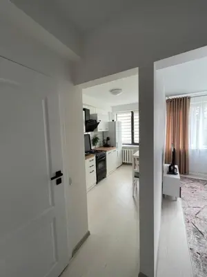 a white room with a kitchen and a dining room at Radvilų apartamentai in Radviliškis