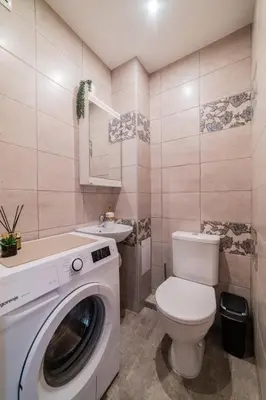a bathroom with a washing machine and a toilet at E D Arena View Apartment in Šiauliai
