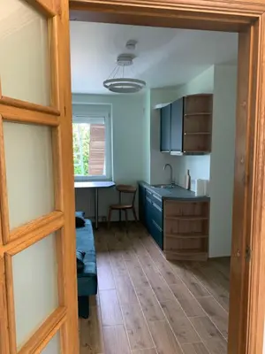 a kitchen with a door open to a living room at Green House in Ramučiai