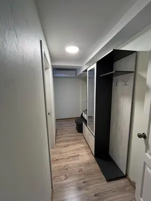 a hallway with a room with a closet and a mirror at Jaukaus buto nuoma Šiaulių rajone in Šapnagiai