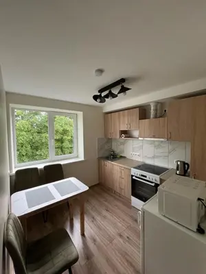 a small kitchen with a table and a refrigerator at Jaukaus buto nuoma Šiaulių rajone in Šapnagiai
