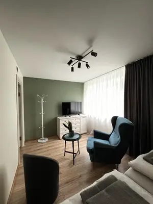 a living room with a couch and a chair at Jaukaus buto nuoma Šiaulių rajone in Šapnagiai