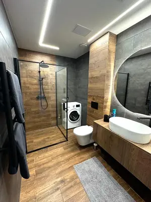 a bathroom with a sink and a toilet and a shower at Budiniškiu apartamentai in Vilnius