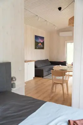 a living room with a couch and a table at Pineplace trio KOPA in Žaugėdai