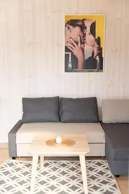 a living room with a couch and a coffee table at Pineplace trio JŪRA in Žaugėdai