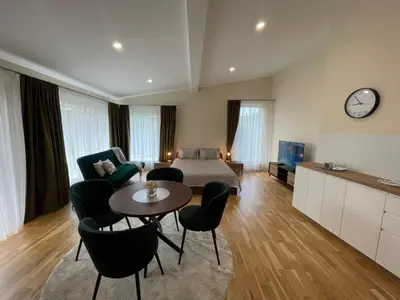 a living room with a bed and a table and chairs at Vilijos apartamentai in Kaunas