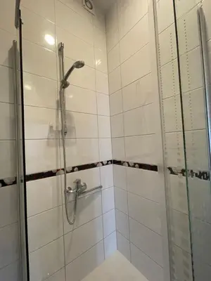 a bathroom with a shower with a glass door at Vilijos apartamentai in Kaunas