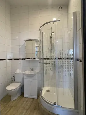 a bathroom with a shower and a toilet and a sink at Vilijos apartamentai in Kaunas