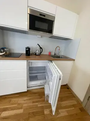 a kitchen with an open refrigerator and a sink at Vilijos apartamentai in Kaunas