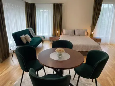 a living room with a bed and a table and chairs at Vilijos apartamentai in Kaunas