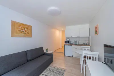 a living room with a couch and a kitchen at Partizanų studio apartment #3 by Polo Apartments in Kaunas