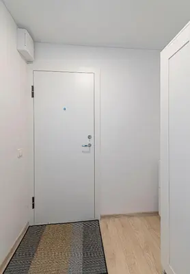 an empty room with a white door and a rug at Partizanų studio apartment #3 by Polo Apartments in Kaunas