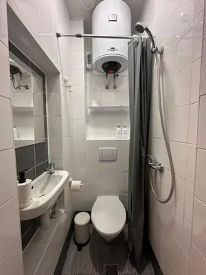 a small bathroom with a toilet and a sink at Cozy BOHO room in Trakai Old town in Trakai