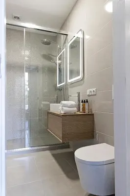 a bathroom with a toilet and a glass shower at PLENTO g APARTAMENTAI BIRŽUOSE in Biržai