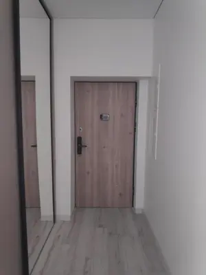 a hallway with a wooden door and a mirror at Aušros Alėjos Apartamentai in Šiauliai