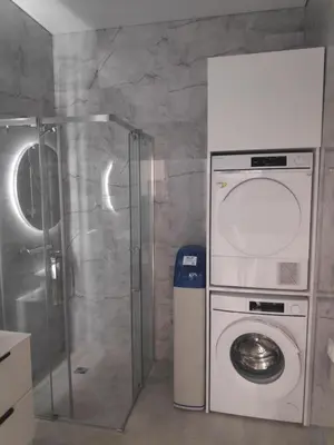 a bathroom with a washing machine and a washer at Aušros Alėjos Apartamentai in Šiauliai