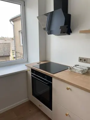 a kitchen with a stove top oven next to a window at Vilkmerge apartment in Ukmergė