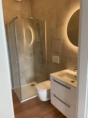 a bathroom with a shower and a toilet and a sink at Vilkmerge apartment in Ukmergė