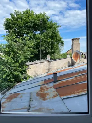 a view from a window of a skateboard ramp at Vilkmerge apartment in Ukmergė
